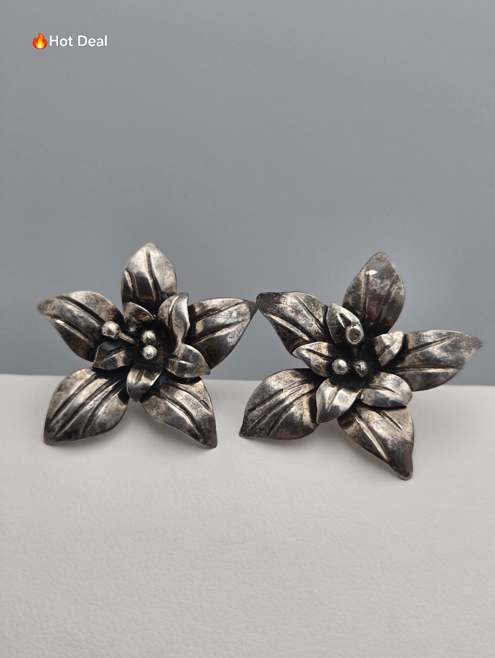 Sterling Silver 925 Floral Flower Stud Earrings Textured 1" Vintage